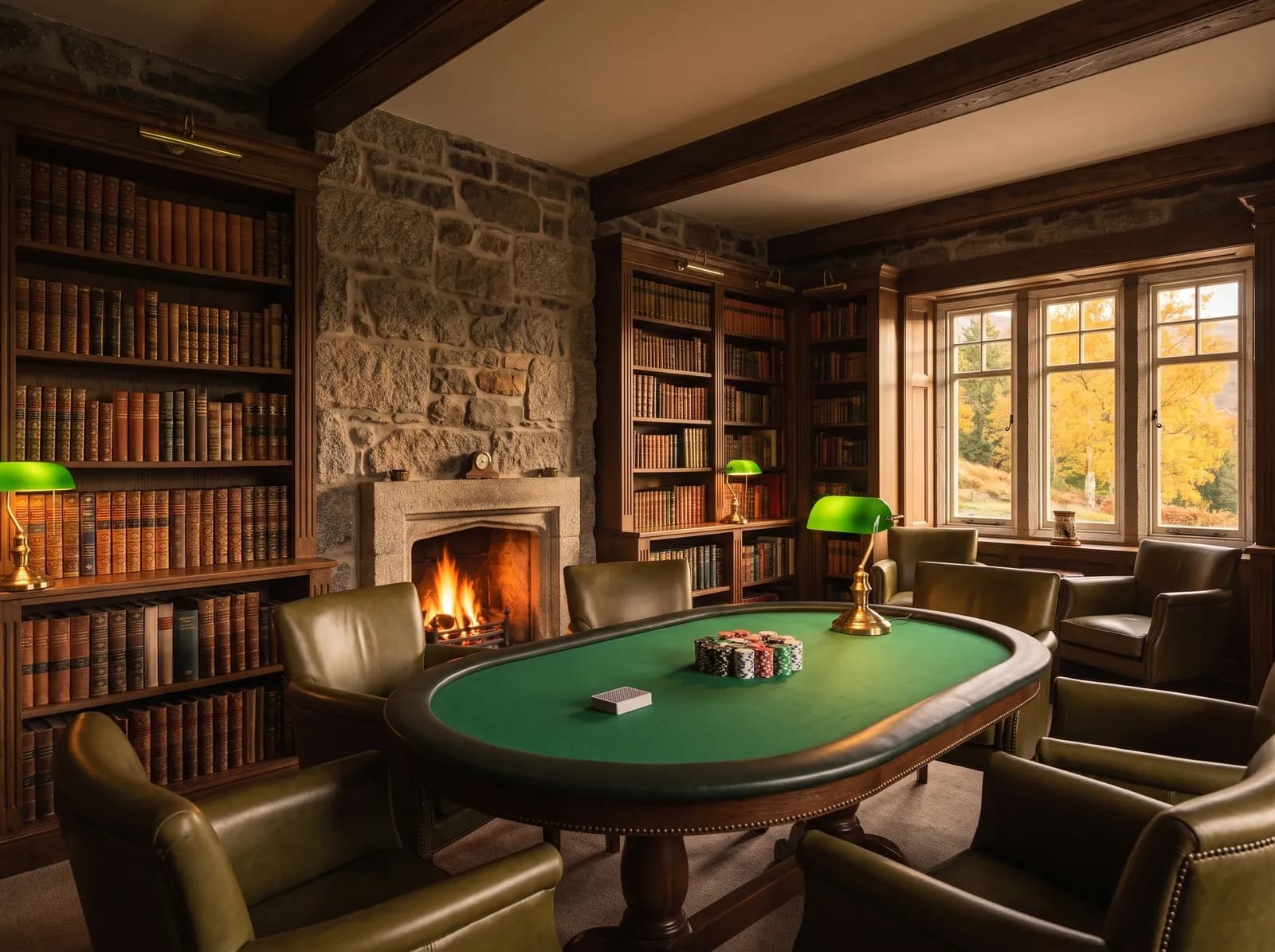 The library card room: an oval green-baize table with a stack of chips, olive leather armchairs, green-shaded brass lamps and a stone fireplace among oak bookshelves