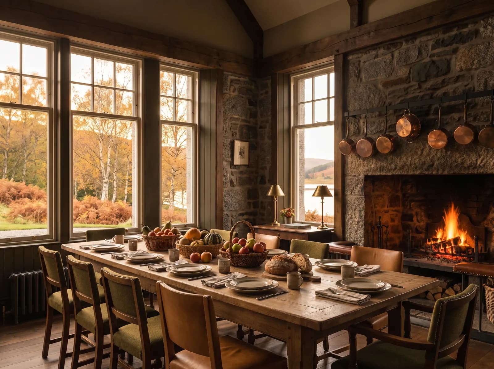 A long scrubbed-oak farmhouse table with baskets of apples and squash, copper pans above a stone fireplace, birches outside the windows