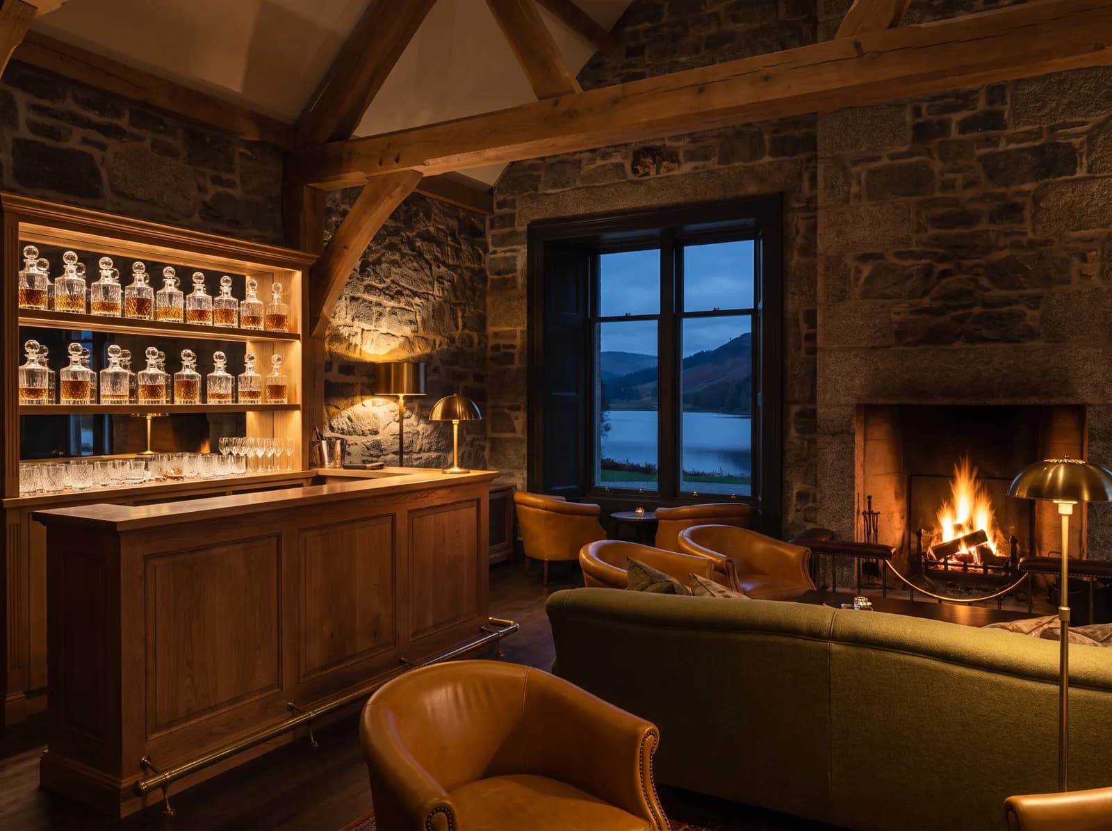 The Still Room: an oak bar with crystal decanters of whisky, ochre leather club chairs and an olive sofa by a granite fireplace, the loch at dusk through the window