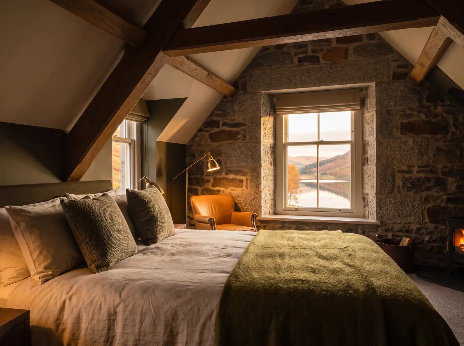 A king bedroom under oak beams, olive wool throw on cream linen, a sash window onto the loch and bracken hillside at first light