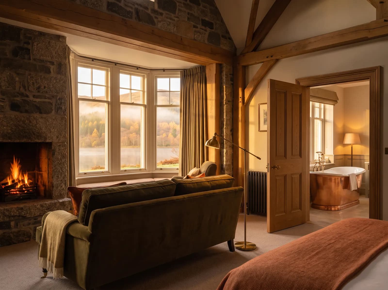 A suite sitting room with an olive velvet sofa, a granite fireplace and a bay window over the misty loch, a copper roll-top bath beyond an oak door
